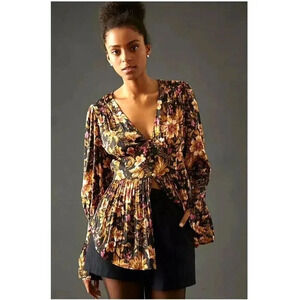 By Anthropologie Deep V Blouse Womens M Bell Sleeve Corset Victorian MSRP $50